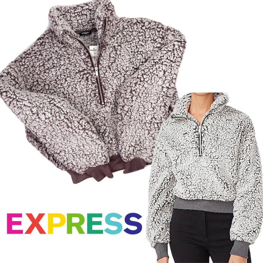 Express Oversized Teddy Sherpa Quarter Zip Crop Sweatshirt, S